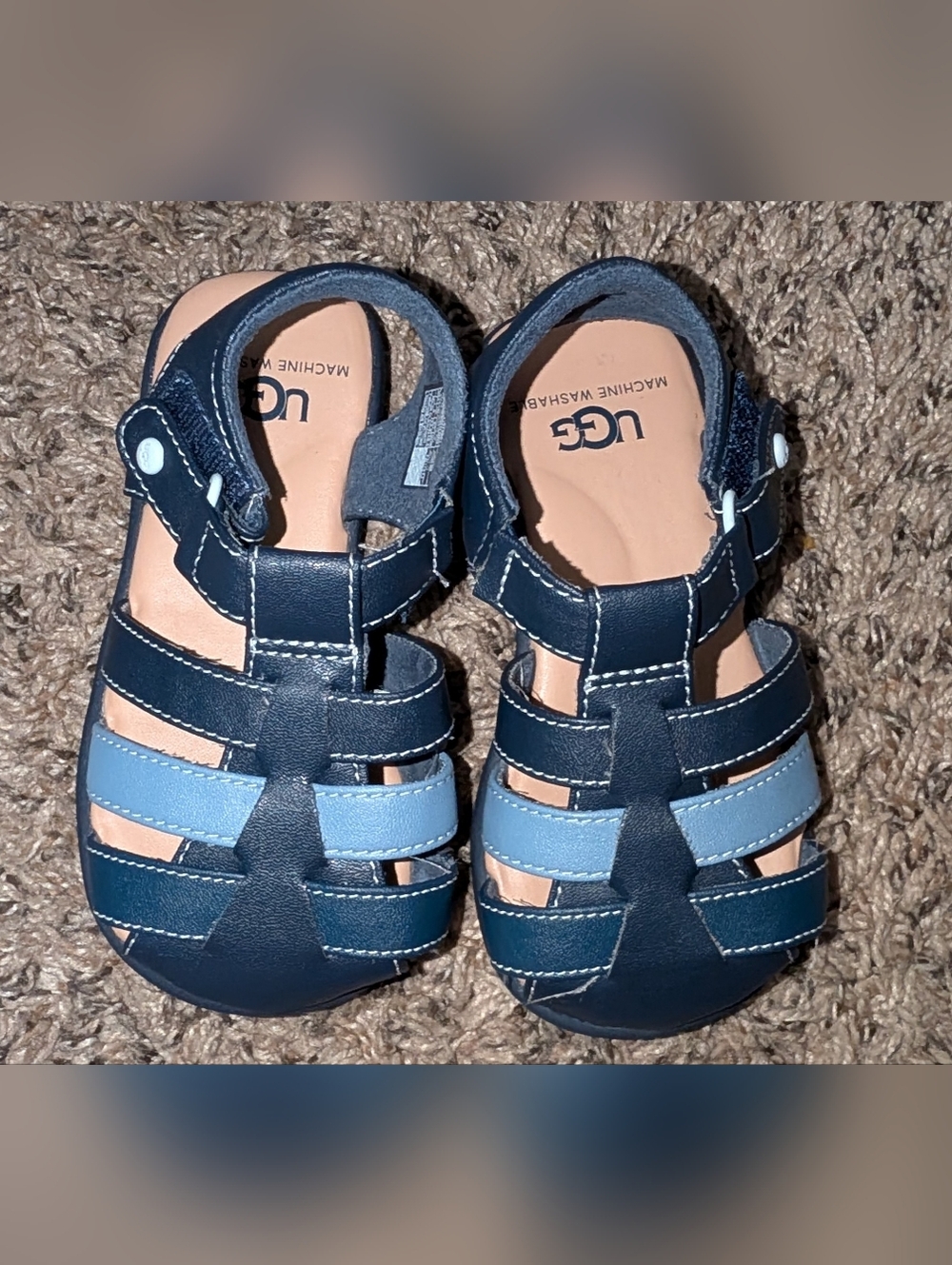 New UGG Kids Navy & Light Blue Leather Fisherman Sandals